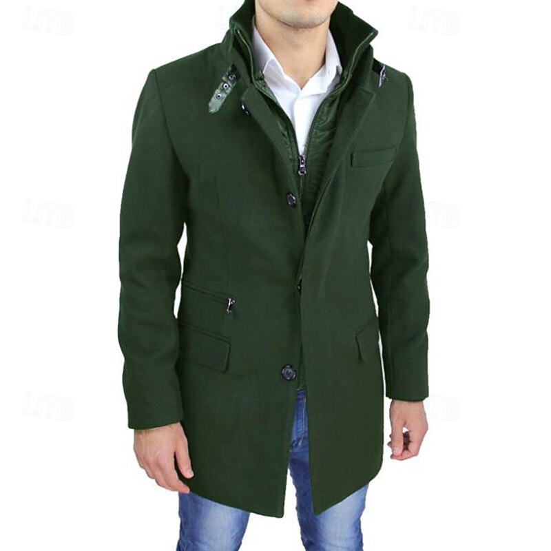 Men's Peacoat Trench Coat Vacation Daily Fall Winter Polyester Windproof Outerwear Clothing Apparel Fashion Classic Plain Pocket Lapel Zipper2