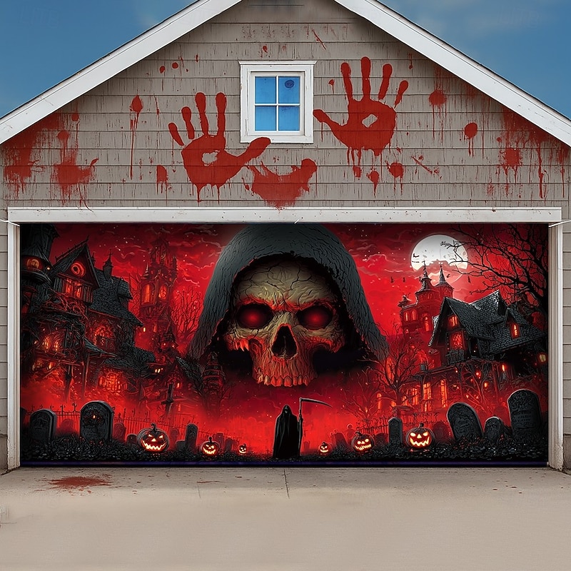 Halloween Garage Door Cover Grim Reaper Skull Banner Haunted House Cemetery Scene Horror Spooky Backdrop Tapestry for Outdoor Wall Fence Decoration2