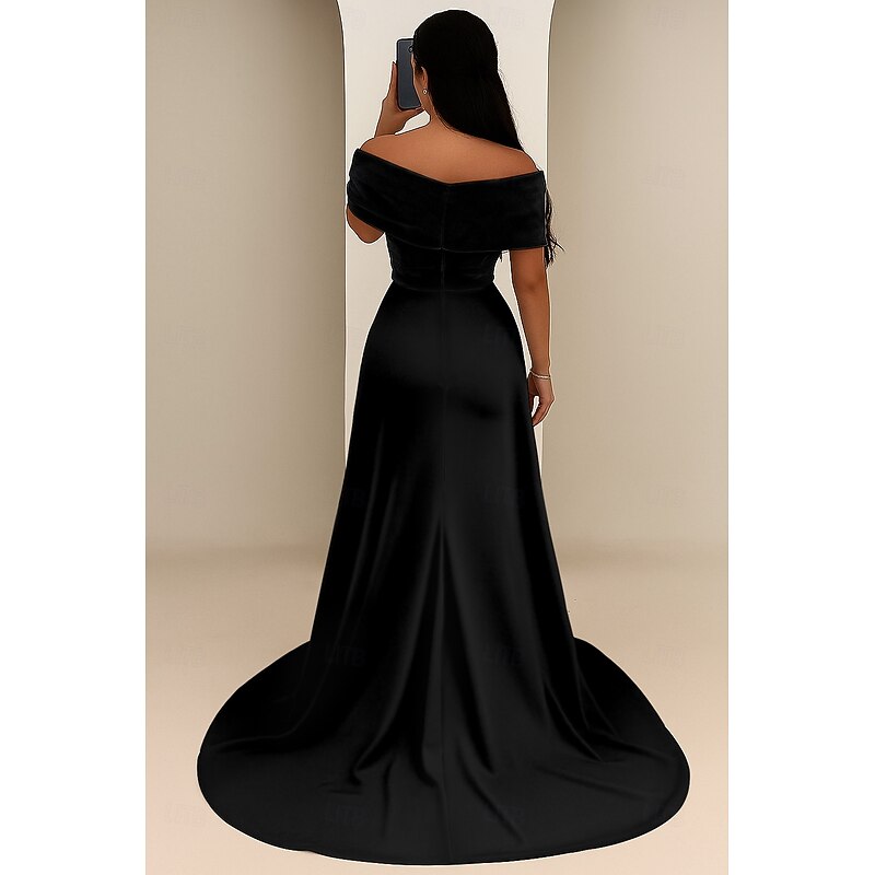 Black Tie Sequined A-Line Sheath / Column Evening Gown Elegant Dress Formal Wedding Floor Length Short Sleeve Off Shoulder Satin with Glitter 20252