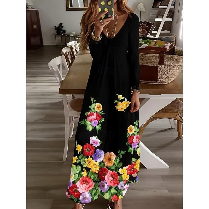 Women's Maxi Dress T Shirt Dress Tee Dress A Line Dress Vacation Casual Boho Daily Holiday Date Regular Fit Floral Graphic Long Sleeve V Neck Black Fall Winter