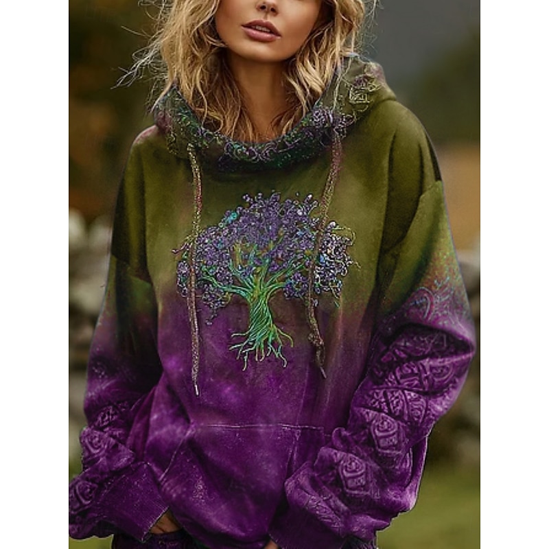 Women's Hoodies Graphic Vintage Daily Casual Long Sleeve V Neck Regular Tops Tribal Tree Of Life Vintage Designer Vacation Street Going out Daily Holiday Print Wine Red Dark Green Fall Winter4