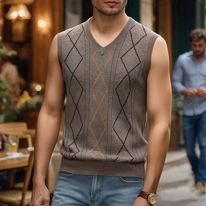 Men's Sweater Vest Dress Sweater Pullover Sweater Jumper Vest Knit Sweater Ribbed Knit Regular Tops Knitted Argyle V Neck Fashion Casual Vacation Daily Wear Clothing Apparel Fall Winter Camel Dark4