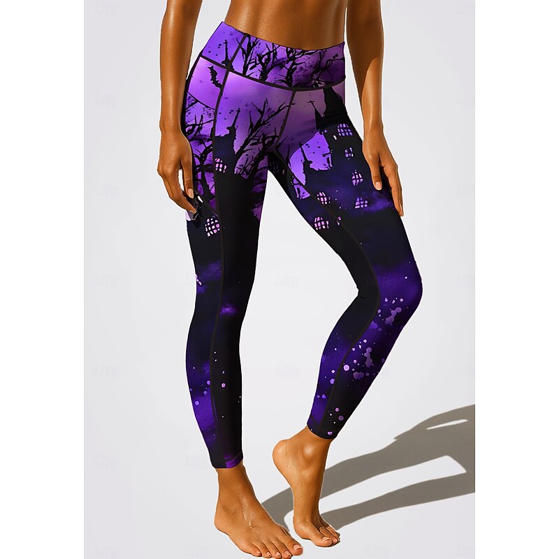 Women's Unisex pilates leggings fitness pants Gym Leggings Pockets Stamp Duty Side Pockets Pilates Gym Gym Workout Pants Tights Leggings Graphic Halloween Galaxy Star Print Amethyst Black Blue Sports2