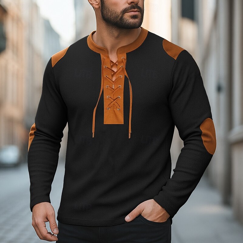 Men's Waffle Shirt T Shirt Tee Top Long Sleeve Shirt Long Sleeve Collar Spring &  Fall All Seasons Color Block Vintage Designer Basic Lace up Patchwork Vacation Street Casual Black Blue khaki Top Tee
