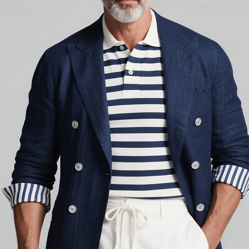 Men's Blazer Business Cocktail Party Wedding Party Fashion Casual Spring Fall Polyester Stripes Pocket Buttons Comfortable Double Breasted Blazer Blue2