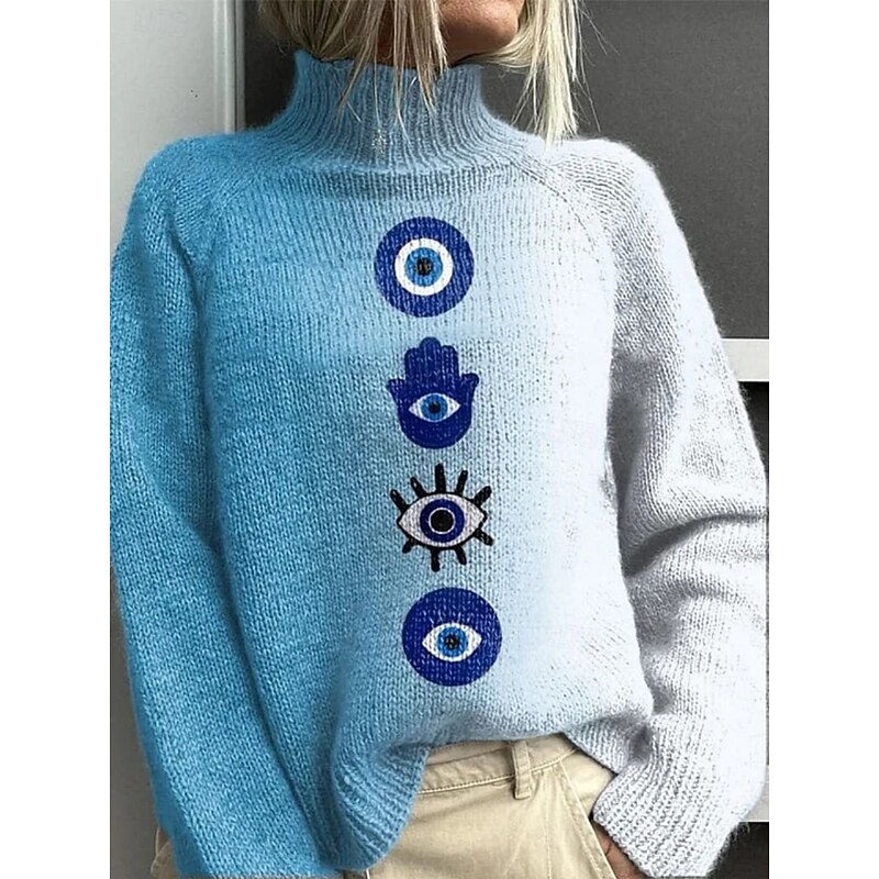 Women's Pullover Vacation Daily Tree Ribbed Turtleneck Knitted Print Long Sleeve Regular Tops Knit Outdoor Daily Holiday Black Blue Fall Winter4