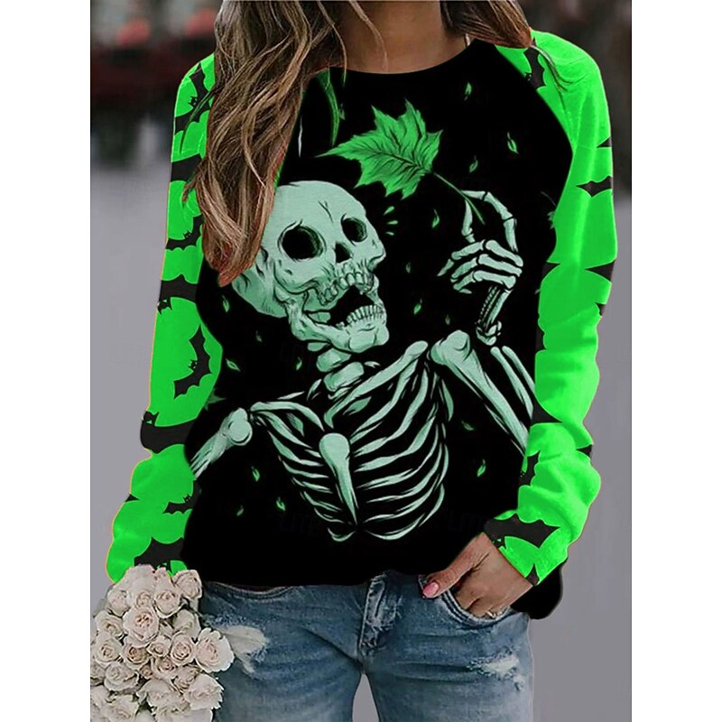 Halloween Women's Pullover Sweatshirt Skulls Graphic Fashion Casual Long Sleeve Crew Neck Regular Tops Street Dailywear Casual Print Blue Purple Orange Green Fall Winter4