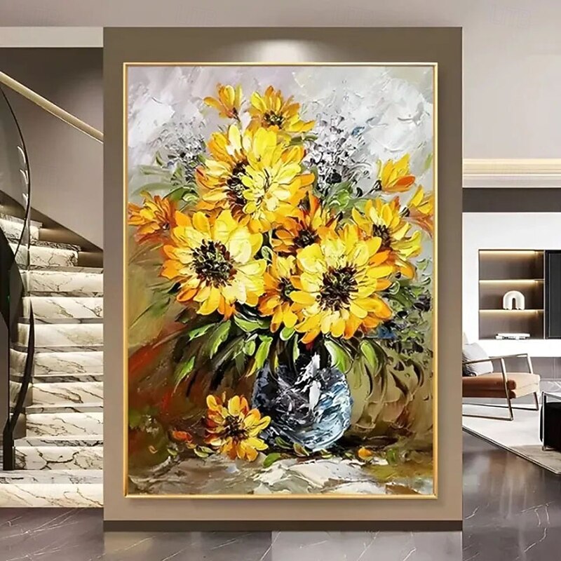 Handmade 3D sunflower Oil Painting Vibrant Floral Composition with Rich Color Palette and Impasto Brushstrokes Depicting Sunflower Bouquet for Elegant Home Decor