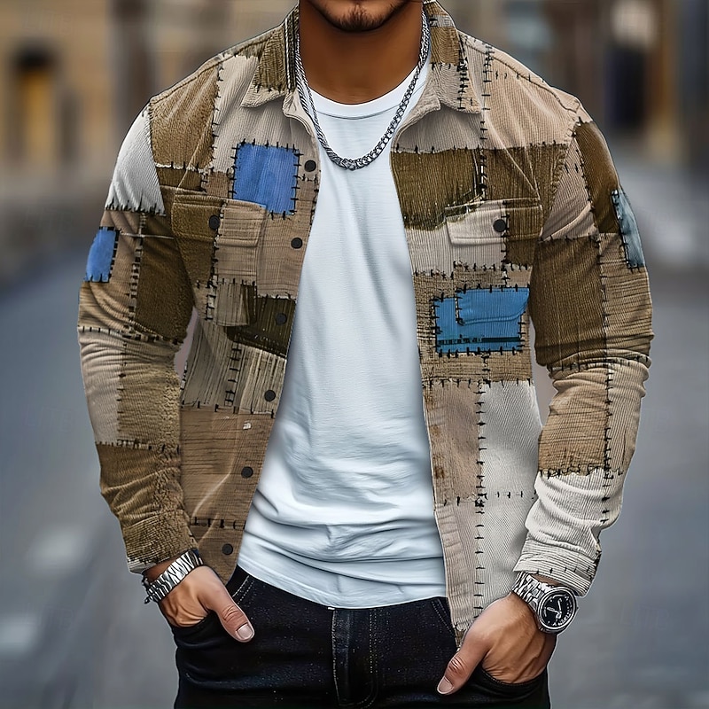 Men's Color Block Patchwork Denim-like Corduroy Shirt Shirt Jacket Overshirt Long Sleeve Vintage Retro Outdoor Dailywear Fall Winter Turndown Button-Down Warm Jacket with Flap Pockets Blue Purple3