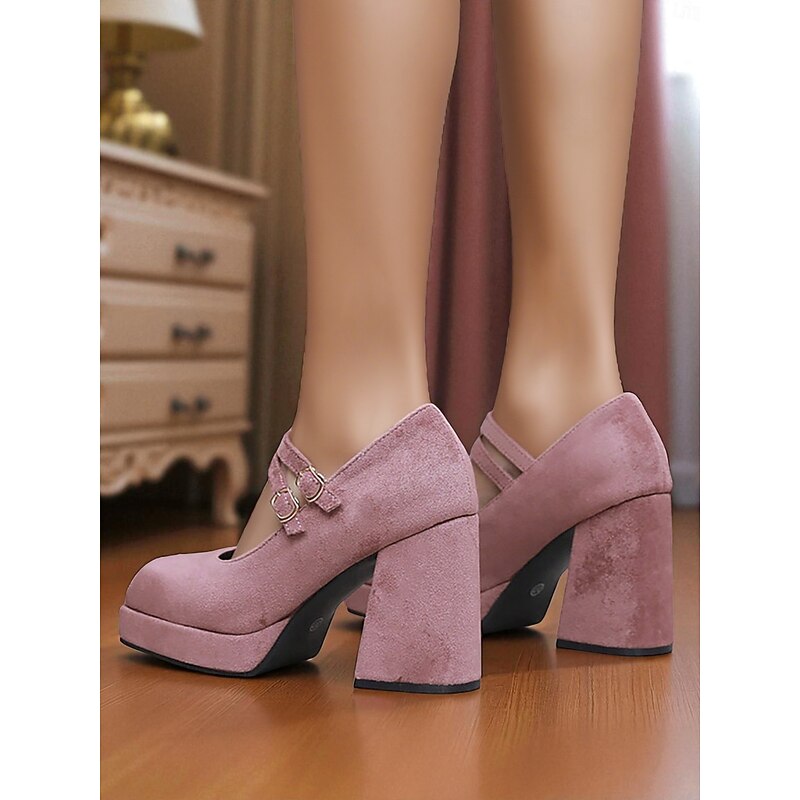 Women's Pink Suede Mary Jane Platform Heels – Double Strap 1950s Retro Block Heel Pumps for Vintage-Themed Events, Fashion Enthusiasts and Daily Elegance4
