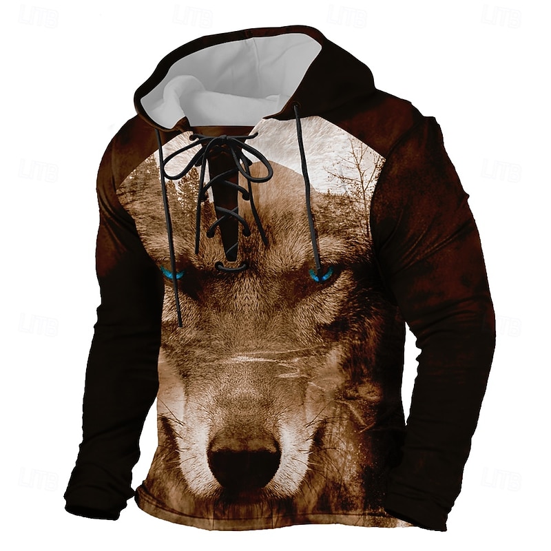 Men's Wolf 3D Hoodies Stylish Casual Long Sleeve Hooded Holiday Streetwear Black Brown Drawstring Graphic Fall Winter Designer2