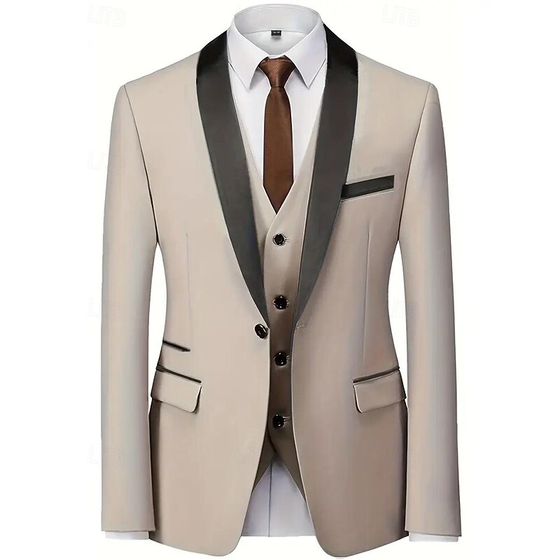 Men's Wedding Business Party Suits Shawl Lapel Beige Formal Solid Colored Slim Fit 3 Piece Single Breasted One-button2