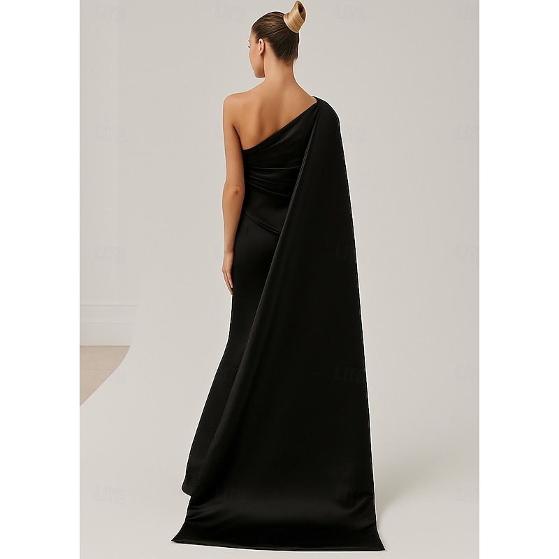 Blue Red Black Column Evening Gown Elegant Dress Formal Wedding Floor Length Long Sleeve One Shoulder Capes Satin with Pleats 20253