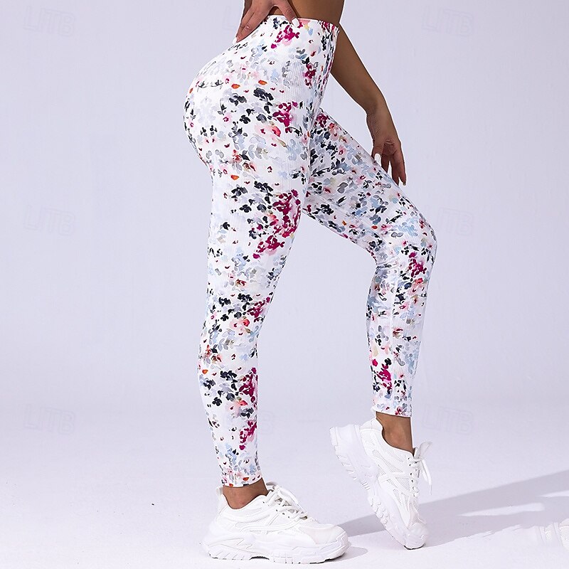 Women's Compression Pants Running Tights Yoga Leggings Tummy Control High Waist Gym Workout Athletic Bottoms Floral Print White Fall Sports Activewear4