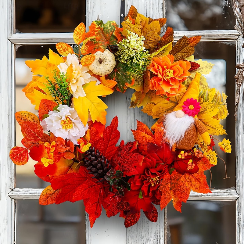 Fall Wreath for Front Door, Harvest Maple Leaves, Dried Branches, Pinecones Garland, Autumn Home Decor, Gnome Vine for Window and Door Hanging