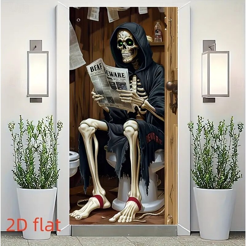 Halloween Door Cover Outdoor Banners Skeleton Grim Reaper Funny Psychedelic Dark Punk Gothic Style Party Outdoor Shooting Backgrounds Front Door Wall Porch Home Decor4