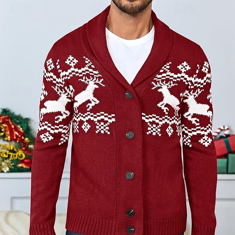 Men's Ugly Christmas Sweater Christmas Sweaters Sweater Cardigan Sweater Ribbed Knit Regular Tops Knitted Plain Shawl Collar Christmas Vacation Christmas Christmas Gifts Clothing Apparel Winter Red3