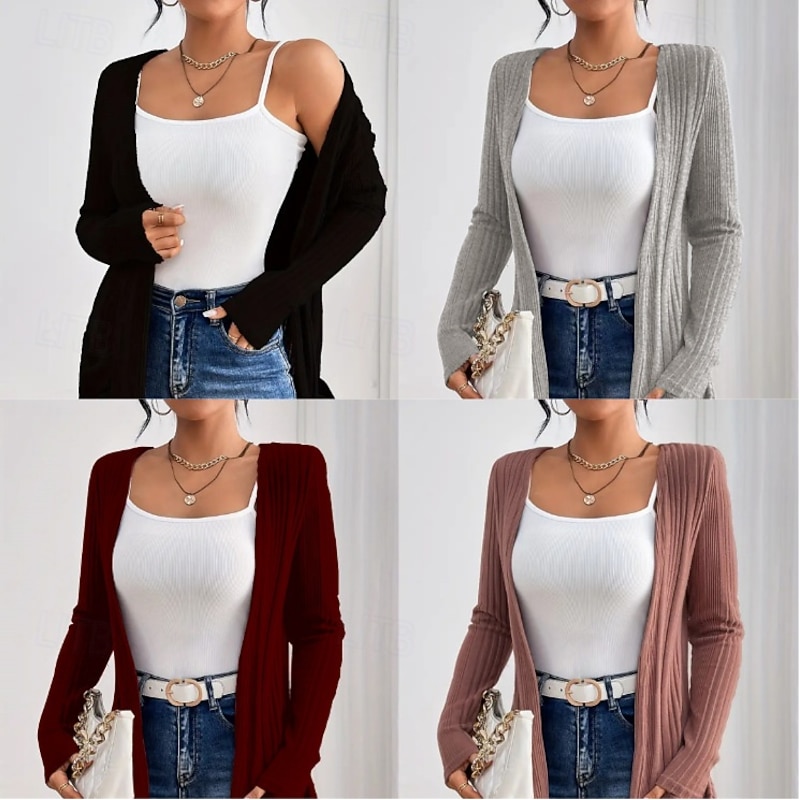 Women's Winter Coat Comfortable Stripe Open Front Elegant Vintage Simple Classic Solid Color School Outdoor Vacation Home Cardigan Regular Collarless Regular Fit Long Sleeve Outerwear claret Black