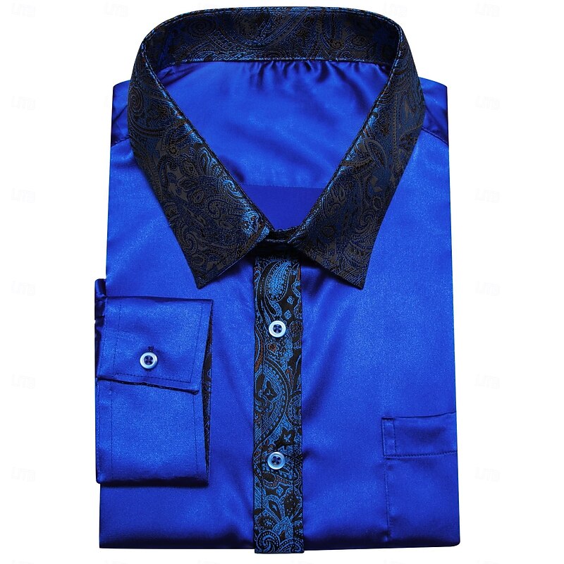 Men's Shirt Silk Like Satin Shirt Casual Shirt Button Up Shirt Prom Shirt Plain Formal Wedding Blue Long Sleeve Lapel Spring &  Fall All Seasons Clothing Apparel Patchwork3