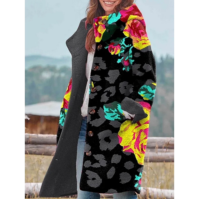 Women's Winter Jacket Fleece Jacket Coat Warm Breathable Pocket Buttons Print Active Daily Casual Leopard Vacation Street Daily Single Breasted Long Hoodie Regular Fit Long Sleeve Outerwear Black2