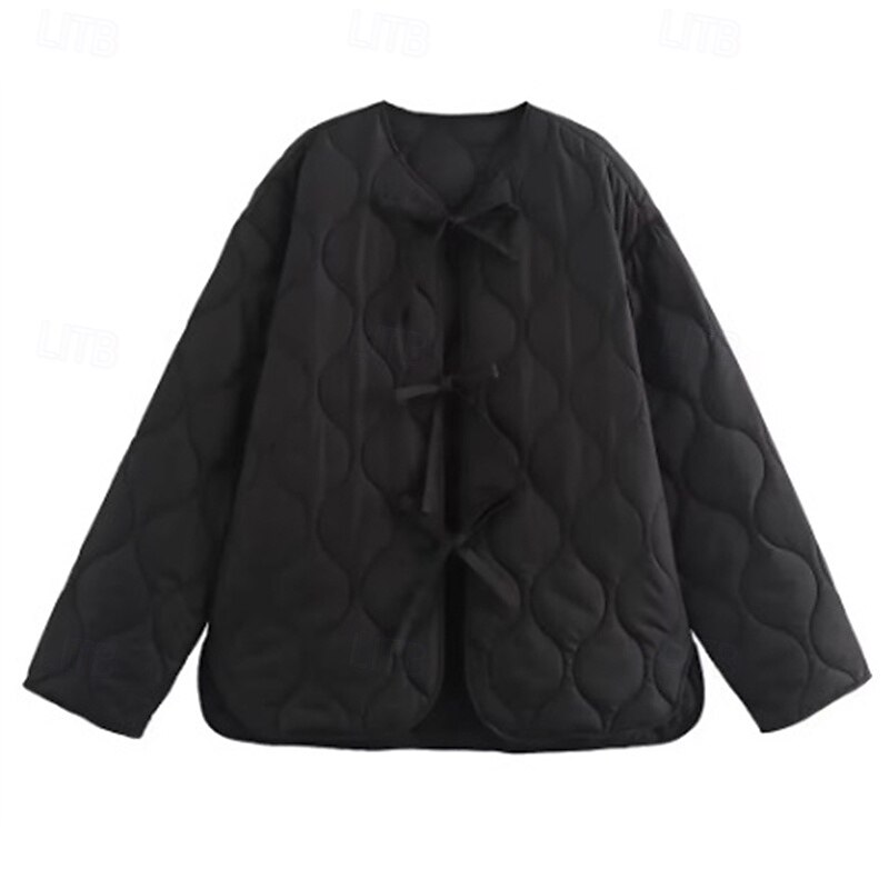 Women's Winter Jacket Coat Warm Comfortable Tie Front Fashion Modern Casual Plain Going out Weekend Cardigan Regular V Neck Regular Fit Long Sleeve Outerwear Black Beige Winter2