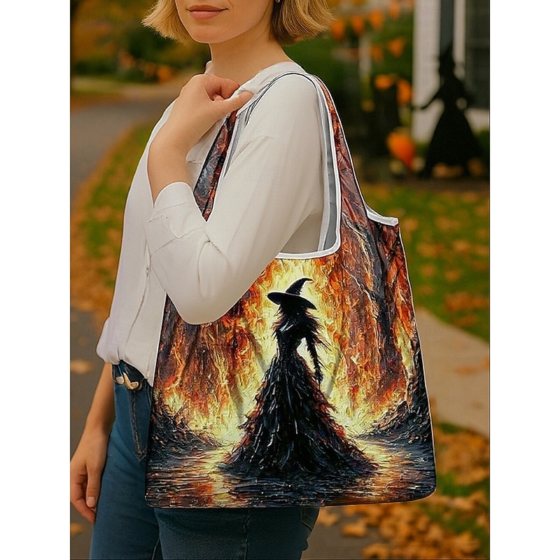 Women's Halloween Witch Print Foldable Reusable Tote – Lightweight Large-Capacity Shoulder Shopping Bag with Reinforced Seams & Washable Fabric for Trick-or-Treat, Parties, Travel & Everyday Use2