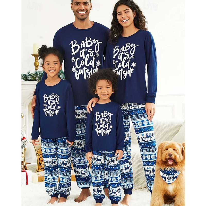 Family Pajamas Letter Christmas Pattern Home Print Dark Blue Long Sleeve Active Matching Outfits