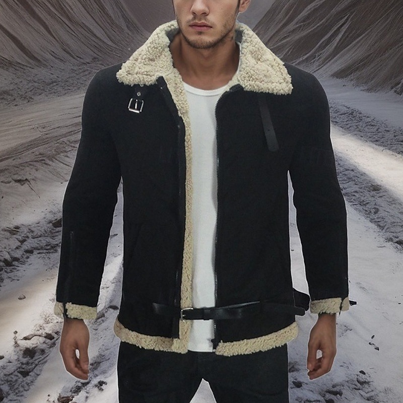 Men's Winter Jacket Sherpa Jacket Vacation Daily Thermal Warm Pocket Fleece Winter Plain Fashion Streetwear Lapel Regular Black Brown Jacket