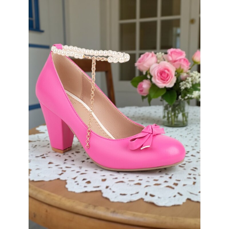 Women's Pink Faux Leather Round Toe Pumps - Chunky Heel Slip-On Dress Shoes with Bow Accent and Pearl Ankle Strap, 1950s Retro Feminine Style for Weddings and  Vintage Outfits4