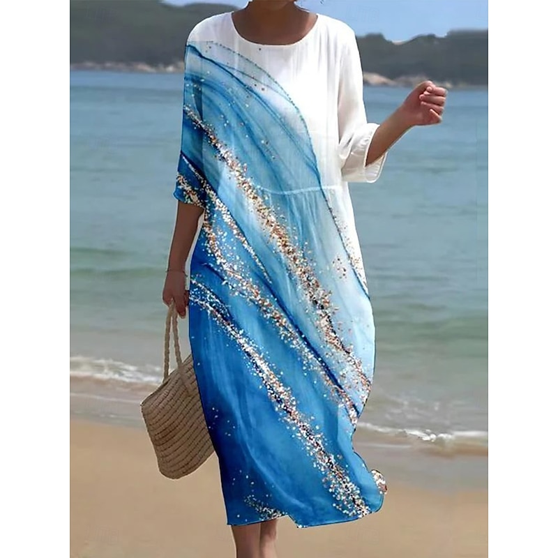 Women's Maxi Dress Kaftan 3/4 Length Sleeve Crew Neck Casual Shift Dress A Line Dress Dress Boho Daily Holiday Date Graphic Abstract Sky Blue Green Dark Blue Peacock Blue Spring