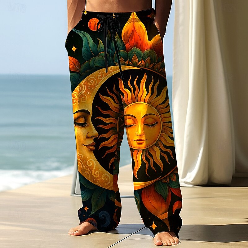 Men's Moon Sun Floral Botanical Trousers Baggy Pants Casual Pants Mid Waist Vintage Retro Outdoor Vacation Streetwear Elastic Drawstring Waist Linen-Like Pants with Pockets Spring Fall 3D Print Black