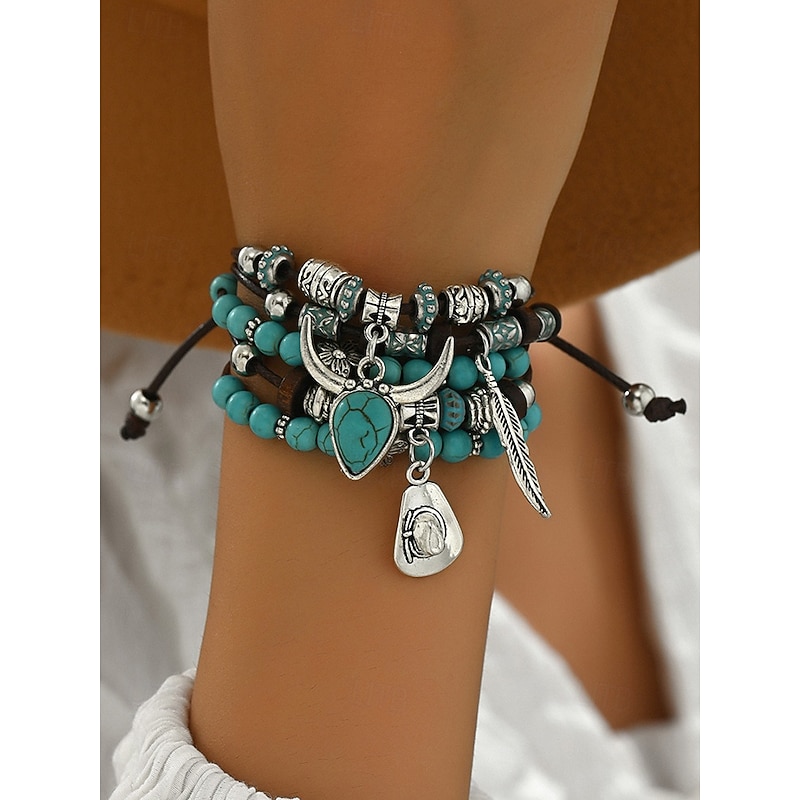 Women's Bohemian Layered Turquoise Beaded Bracelet Set – Adjustable Multilayer Charm Bracelets for Summer, Festivals and Casual Wear