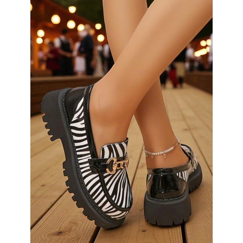 Women's Zebra Print Loafers – Chunky Platform Slip-On Shoes with Gold Chain Detail, Bold Animal Print Fashion Flats for Casual Outfits, Streetwear and Oktoberfest4