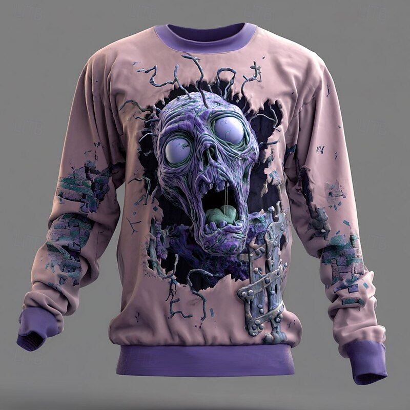 Halloween Men's 3D Zombies Sweatshirt Punk Party Crew Neck Vacation Light Green Purple Crewneck 3D All Seasons Designer2