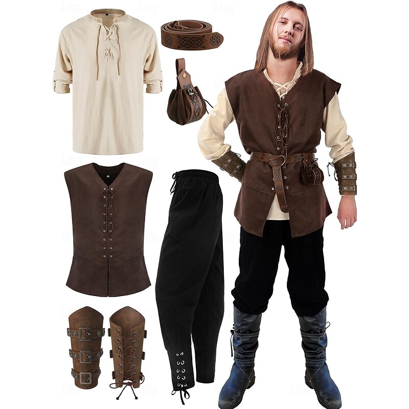 Retro Vintage Medieval Renaissance Pants Outfits Waist Belt Pirate Viking Fancy Dress Men's Viking Halloween Carnival Masquerade Performance Masquerade LARP Adults' Shirt Pants Belt
