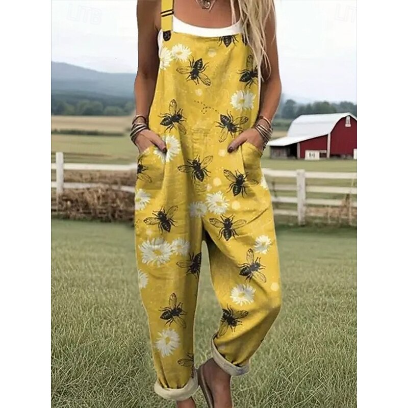 Women's Dungarees Active Floral Sleeveless Sleeveless Straight Square Neck Pocket with Pocket Vacation Street Loose Fit White Yellow Army Green Summer2