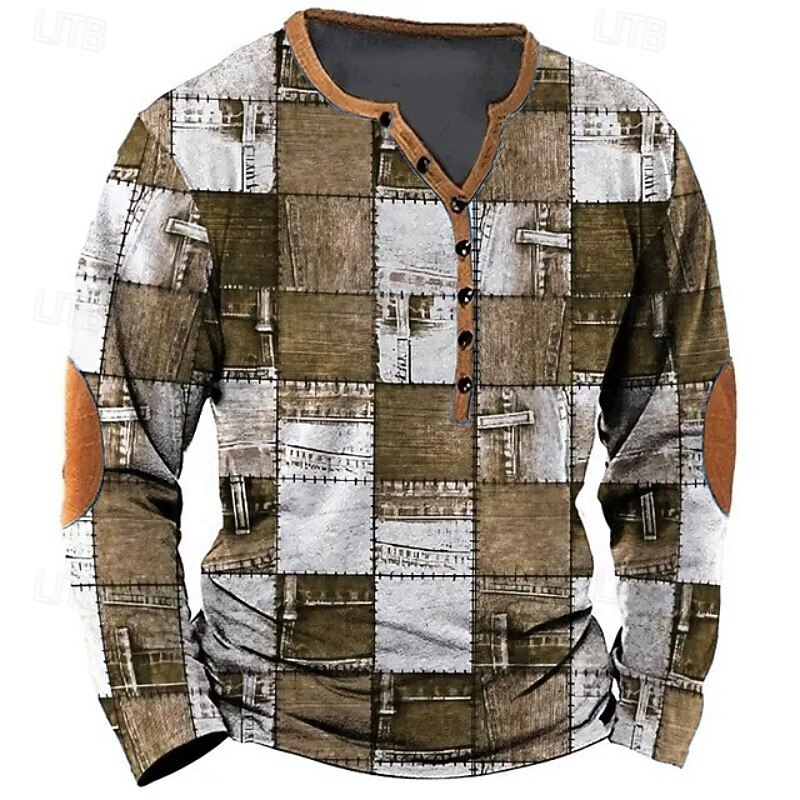 Men's Geometric Patchwork T Shirt Henley Shirt Tee Long Sleeve Vintage Designer Stylish Outdoor Casual Daily Spring & Summer All Seasons Blue Blue Brown Green Gray Henley Henley T-Shirt4