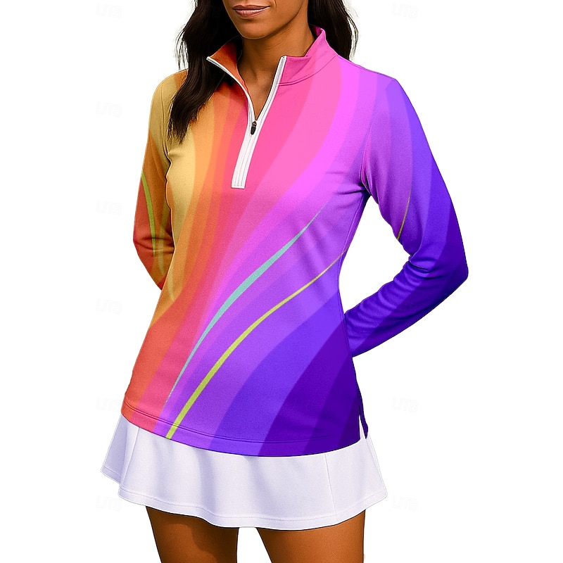 Women's Gradient Stripes Shirt Sport Shirt Golf Polo Shirt Tennis Shirt Long Sleeve Zipper Floral UPF50+ UV Resistant High Elasticity Moisture Wicking Breathable Volleyball Tennis Golf Stand Collar