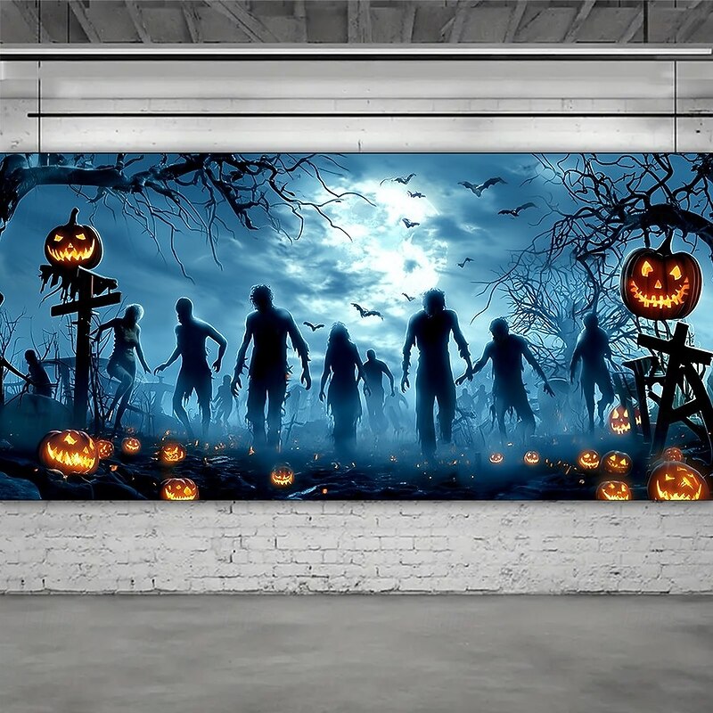 Halloween Garage Door Cover Zombie Silhouettes Banner Full Moon Foggy Graveyard Scene with Pumpkin Lanterns Horror Backdrop Tapestry for Outdoor Decoration3