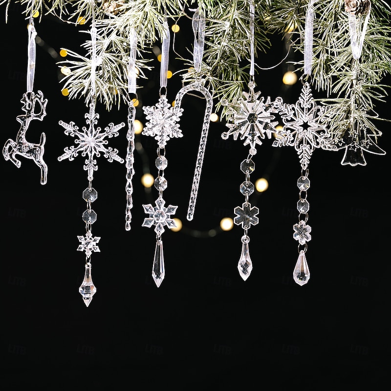 8pcs Christmas Tree Decoration Crystal Ornaments - Hanging Acrylic Christmas Snowflake Icicle Drop Crystal Ornaments for Xmas Tree Winter New Year Party Supplies4