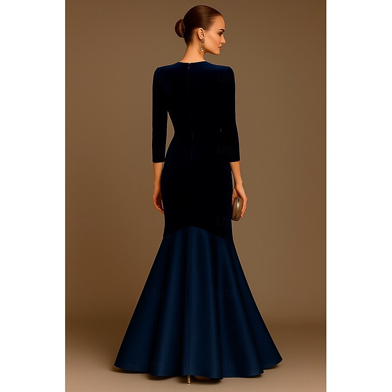 Blue Velvet A-Line Mermaid / Trumpet Evening Gown Elegant Dress Formal Wedding Floor Length Long Sleeve V Neck with Pleats 20252