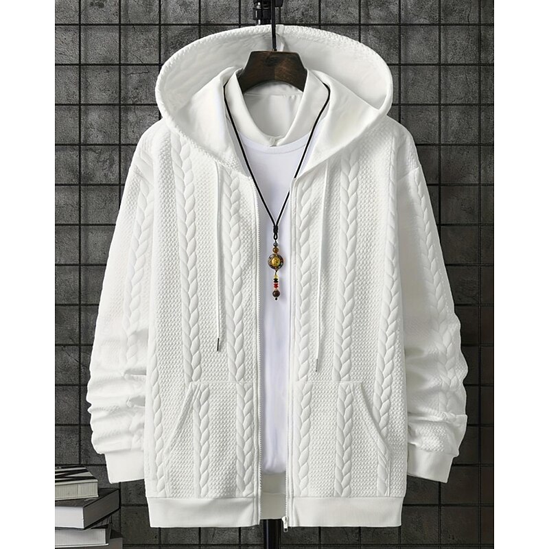 Men's Hoodie Full Zip Hoodie Black White Hooded Plain Jacquard Pocket Ribbed Textured Sports & Outdoor Daily Holiday Polyester Streetwear Basic Casual Spring Fall Clothing Apparel Hoodies Sweatshirts