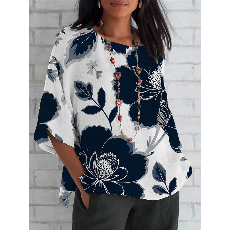 Women's Shirt Floral Daily Casual 3/4 Length Sleeve Crew Neck Regular Tops Daily Holiday Print Navy Blue Beige Summer Spring Fall3