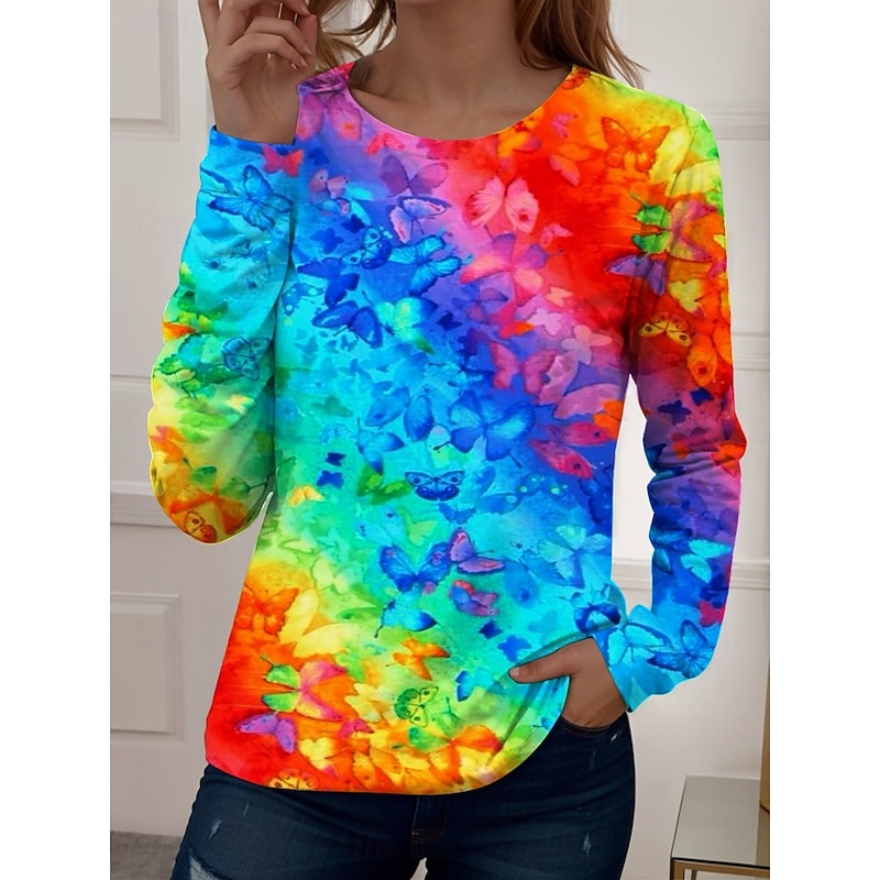 Women's T Shirt Floral Graphic Gradient Elegant Vintage Stylish Long Sleeve Crew Neck Round Neck Regular Tops Daily Going out Weekend Print Rainbow Summer Spring Fall Spring, Fall, Winter, Summer