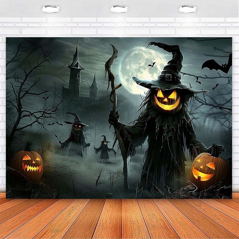 Halloween Scarecrow Wall Tapestry Backdrop – Pumpkin Head Witch with Lantern, Haunted Castle, Full Moon and Bats, Spooky Wall Hanging for  2025 Halloween Home decoration, Party, Photography