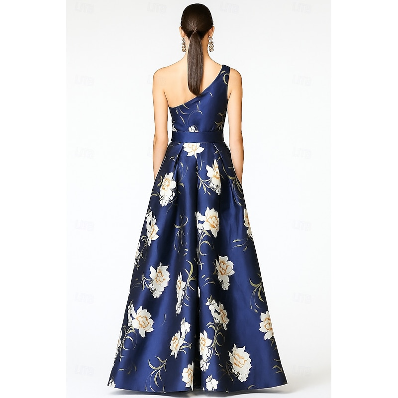 Blue A-Line Evening Gown Elegant Dress Formal Wedding Guest Floor Length Sleeveless One Shoulder Pocket Satin with Floral Print Slit Pocket 20252
