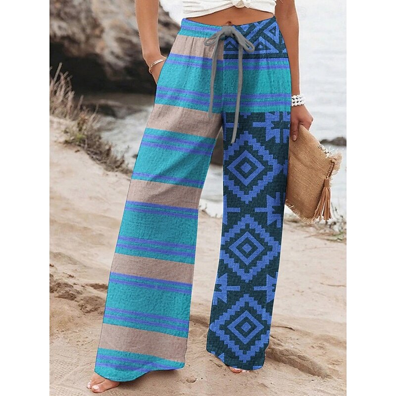 Women's Wide Leg Pants Trousers Retro Vintage Long High Waist Geometic Elastic Waist Printing High Cut Breathability Soft Micro-elastic Vacation Street Daily Wear Blue Purple Fuchsia Orange Spring3