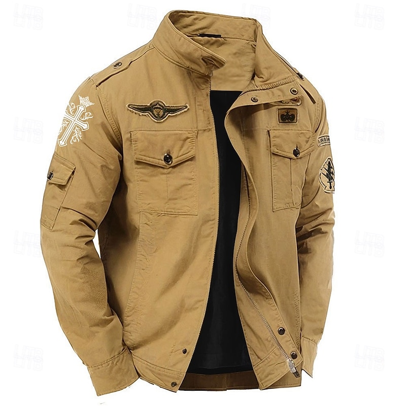 Men's Cotton Embroidered Military Jacket Windbreaker with Shoulder Straps Long Sleeve Standing Collar Multi-Pockets Trucker Jacket Cross Print Tactical Outerwear3