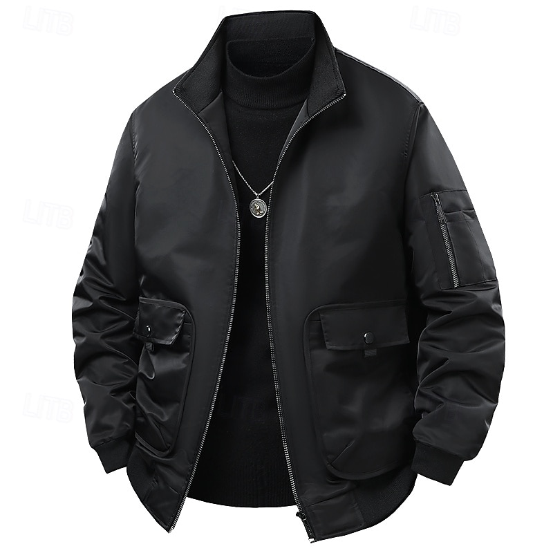 Men's Casual Jacket Padded Outdoor Vacation Warm Zipper Pocket Fall Winter Plain Fashion Streetwear Standing Collar Regular Black Green Jacket4