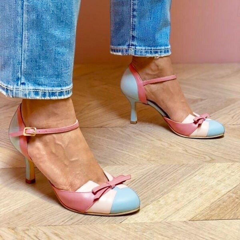 Women's Retro Two-Tone High Heel Pumps – Pink and Blue Bow Detail Ankle Strap, Perfect for Vintage-Inspired Outfits and Casual Chic Looks3